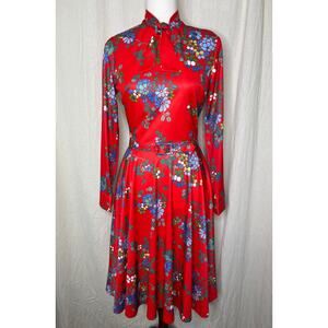 1960s Maximalist Red Blue Floral Psychedelic Disco Brady Bunch Bowtie Dress M